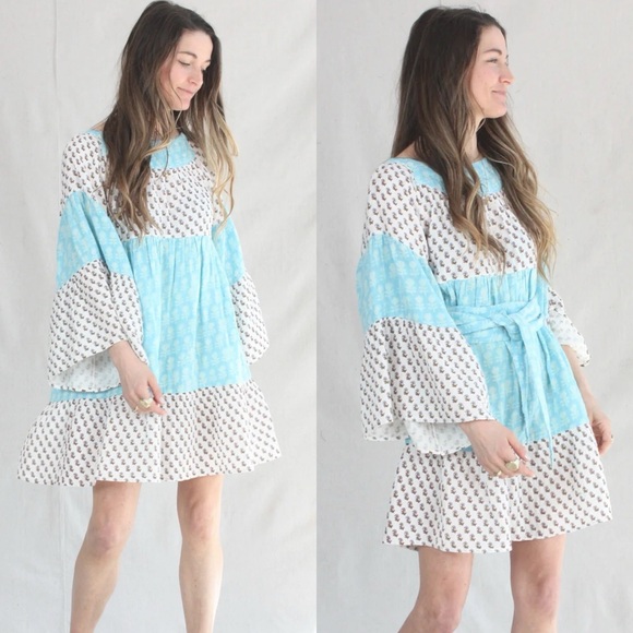 Anaak Talitha Blockprint Mini Dress Bluebell Lily Mix - Picture 3 of 10